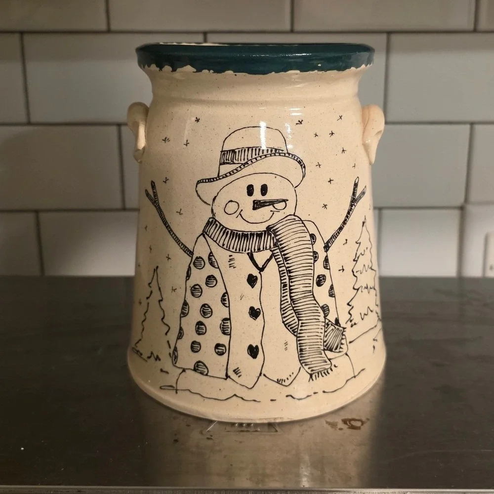 Gloria Craig Christmas 7in Pottery Crock Cream Snowman Psalm 37:4 Folk Art 2001